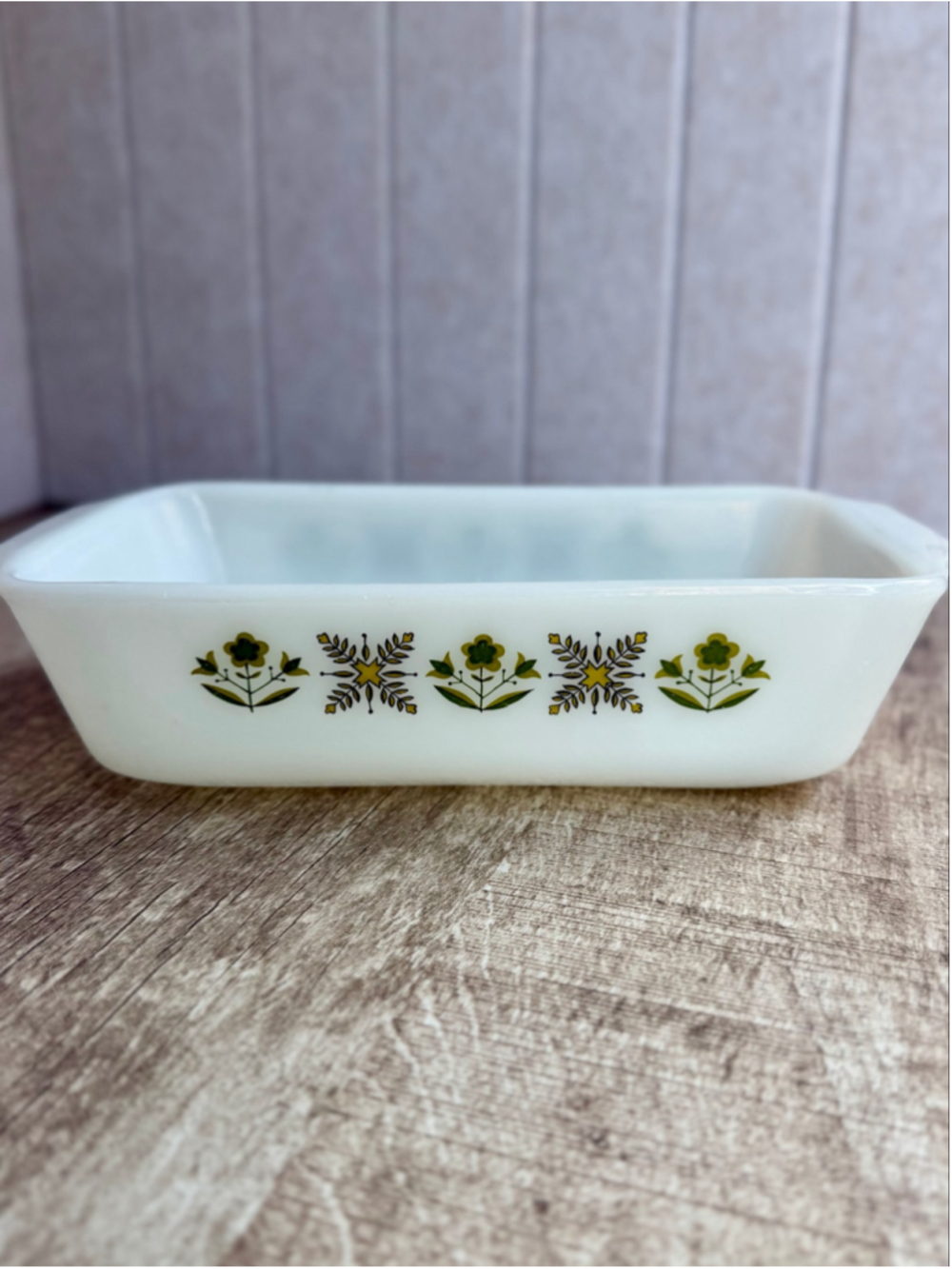 Fire-King Vintage Milk Glass Bakeware Dish White Green Floral Pattern